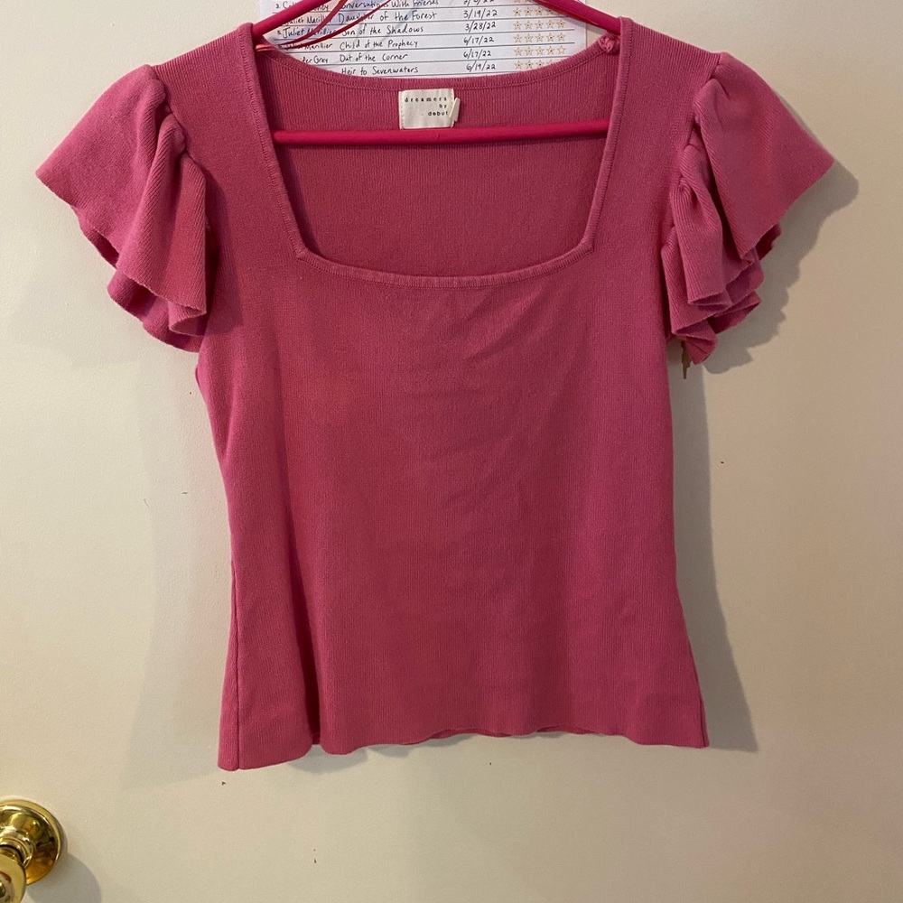 NWOT Pink square neck top with flutter sleeves